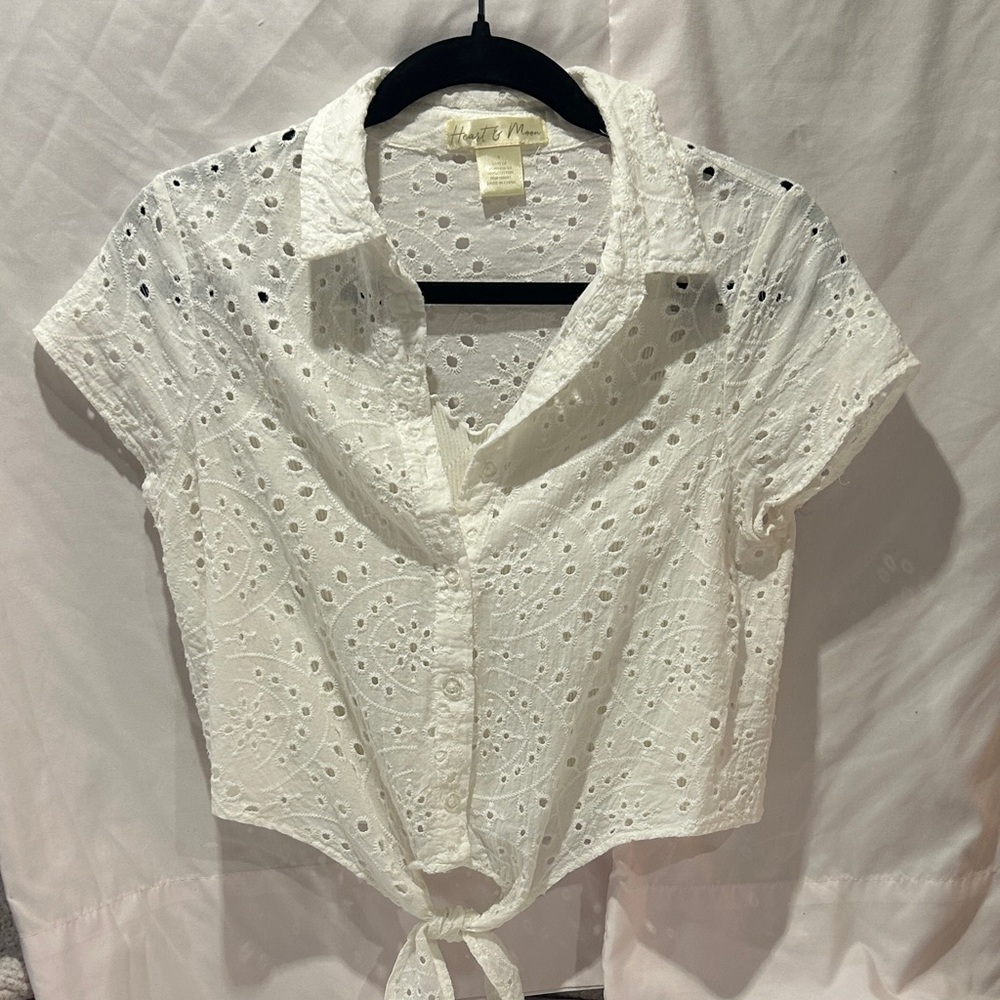 Elegant White Eyelet Button-Down Shirt